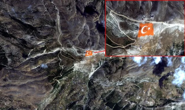 Kahramanmaraş Ahır Dağı zirvesine işlenen Türk bayrağı, Göktürk-1 uydusunun kamerasına yansıdı