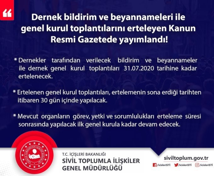 Dernek bildirim ve beyannameleri ile genel kurul toplantıları ertelendi Dernek bildirim ve beyannameleri ile genel kurul toplantıları ertelendi