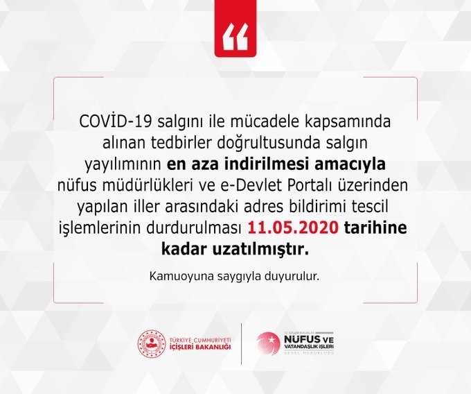 Adres bildirimi tescil işlemleri 11 Mayıs’a kadar durduruldu Adres bildirimi tescil işlemleri 11 Mayıs’a kadar durduruldu