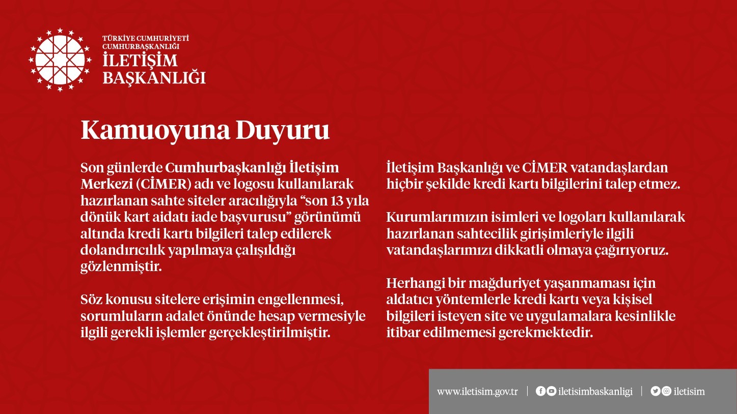 Kart aidatları konusunda İletişim Başkanlığından ’Dolandırılmayın’ uyarısı Kart aidatları konusunda İletişim Başkanlığından ’Dolandırılmayın’ uyarısı