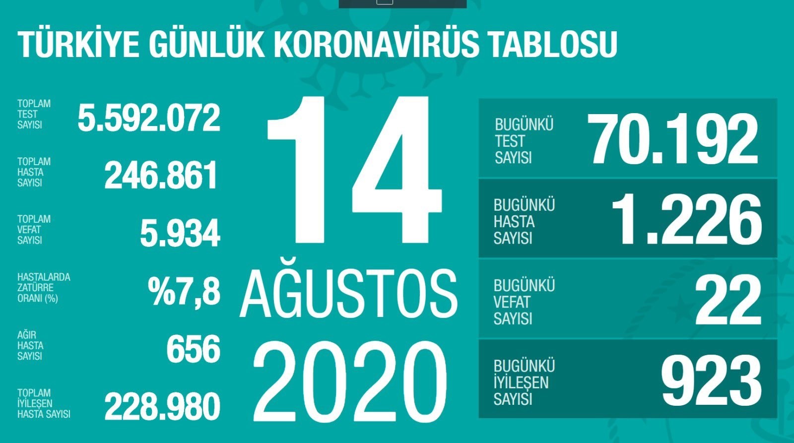 14 Ağustos’ta Türkiye’de korona virüs salgınından son 24 saatte 22 kişi hayatını kaybetti 14 Ağustos’ta Türkiye’de korona virüs salgınından son 24 saatte 22 kişi hayatını kaybetti