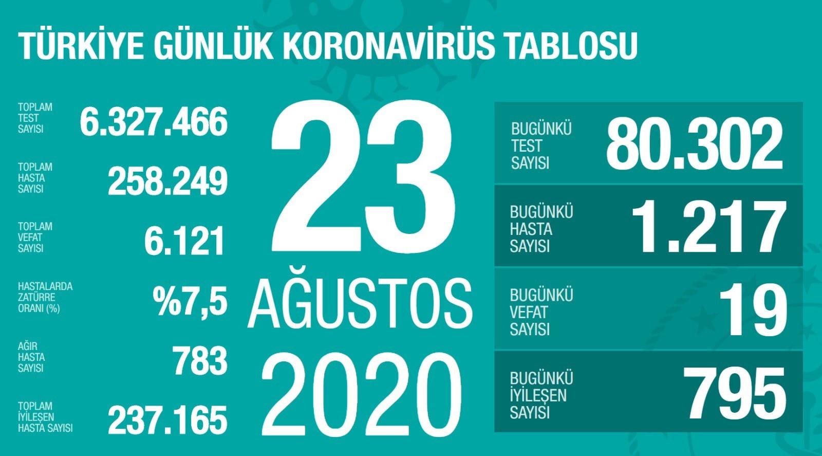 23 Ağustos’ta Türkiye’de korona virüs salgınından son 24 saatte 19 kişi hayatını kaybetti 23 Ağustos’ta Türkiye’de korona virüs salgınından son 24 saatte 19 kişi hayatını kaybetti