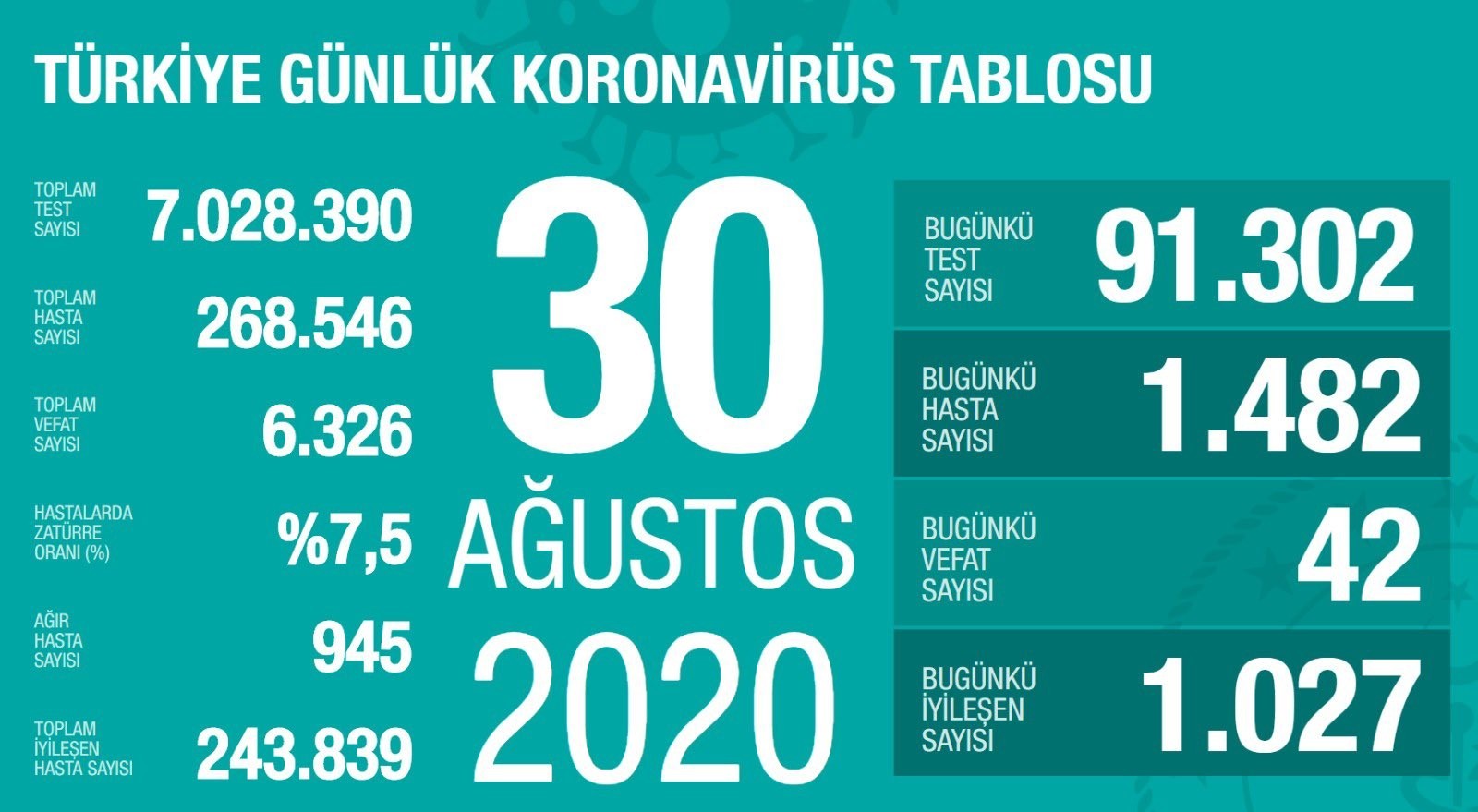 30 Ağustos’ta Türkiye’de korona virüs salgınından son 24 saatte 42 kişi hayatını kaybetti 30 Ağustos’ta Türkiye’de korona virüs salgınından son 24 saatte 42 kişi hayatını kaybetti